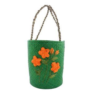NEW Green Embroidered with Floral Handmade Pandan Woven Basket Bag